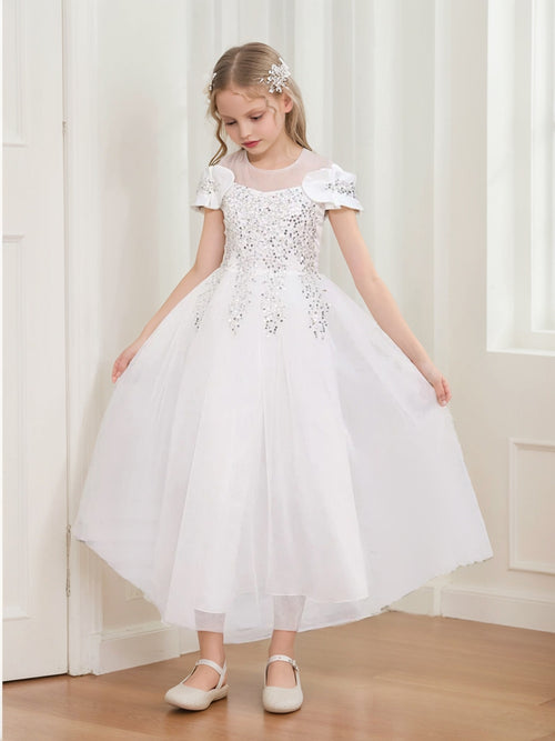 Ball-Gown/Princess Off-the-Shoulder Sequined Tulle Girl Party Dresses with Bow