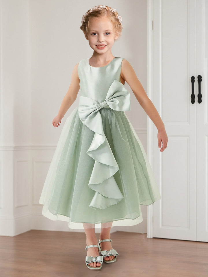 Ball-Gown/Princess Scoop Satin Tulle Girl Party Dresses with Bow &amp; Ruffles