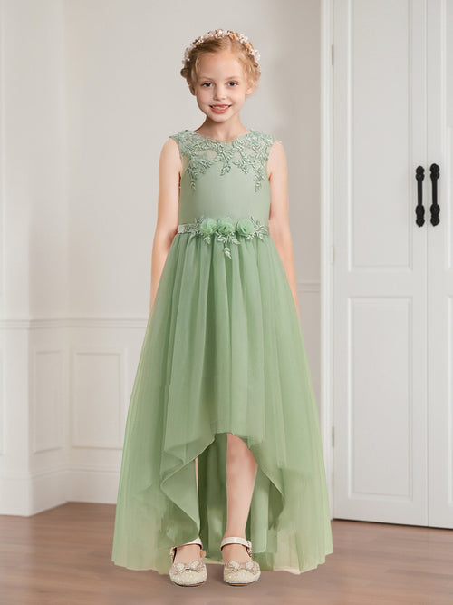A-Line/Princess Tulle Sleeveless Floor-Length Flower Girl Dresses with Applique & Sash
