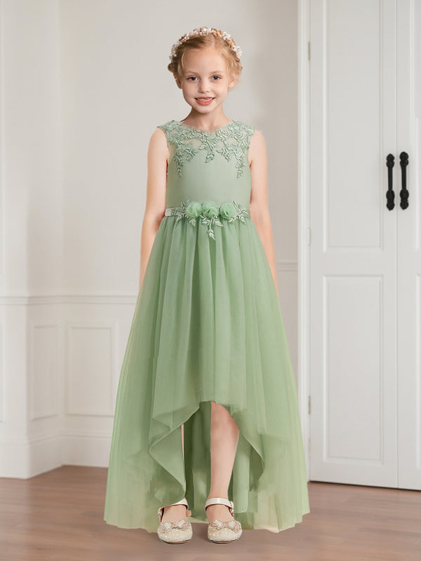 A-Line/Princess Tulle Sleeveless Floor-Length Flower Girl Dresses with Applique & Sash