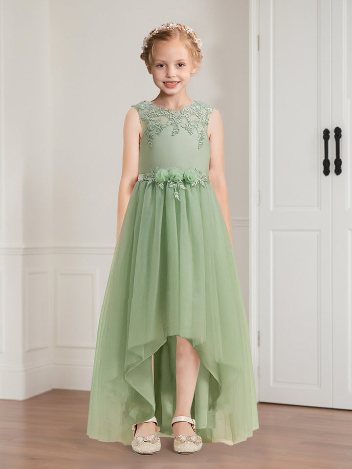 A-Line/Princess Tulle Sleeveless Floor-Length Flower Girl Dresses with Applique &amp; Sash