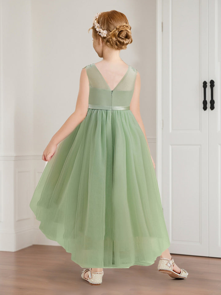 A-Line/Princess Tulle Sleeveless Floor-Length Flower Girl Dresses with Applique &amp; Sash