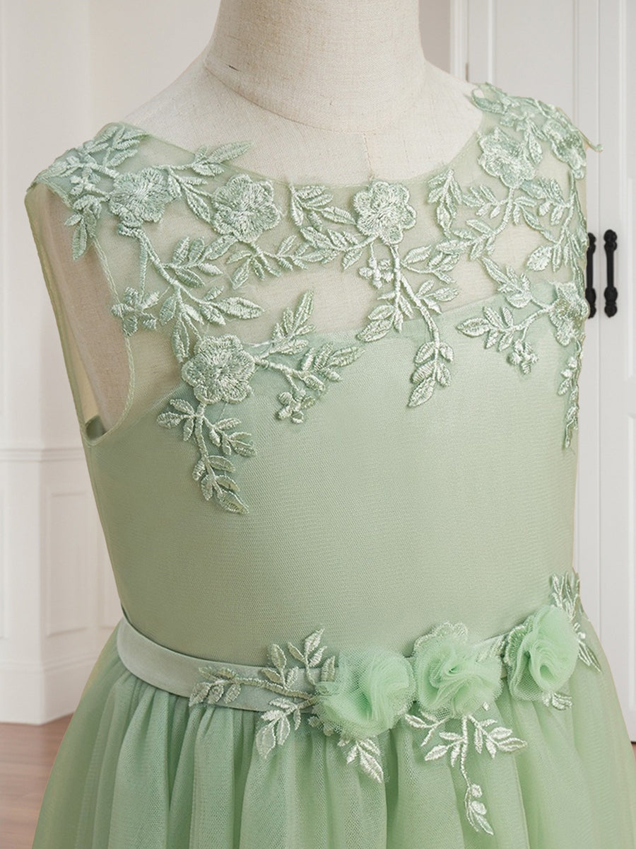 A-Line/Princess Tulle Sleeveless Floor-Length Flower Girl Dresses with Applique &amp; Sash