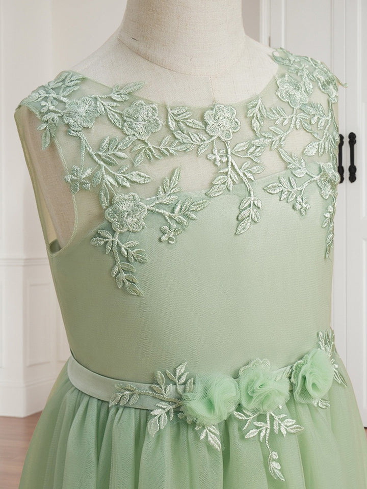 A-Line/Princess Tulle Sleeveless Floor-Length Flower Girl Dresses with Applique &amp; Sash