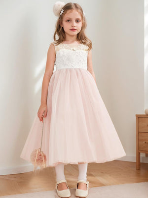 A-Line/Princess Scoop Tea-Length Tulle Sleeveless Flower Girl Dresses with Bow & Sash