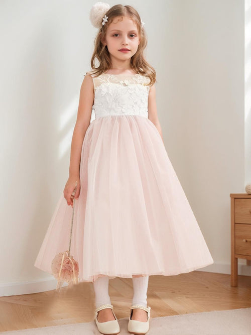 A-Line/Princess Scoop Tea-Length Tulle Sleeveless Flower Girl Dresses with Bow & Sash