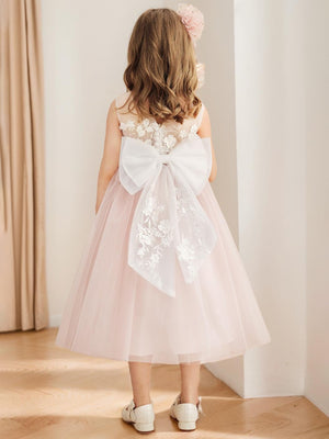 A-Line/Princess Scoop Tea-Length Tulle Sleeveless Flower Girl Dresses with Bow & Sash