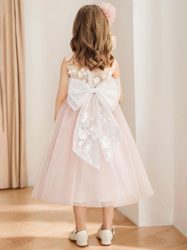 A-Line/Princess Scoop Tea-Length Tulle Sleeveless Flower Girl Dresses with Bow & Sash
