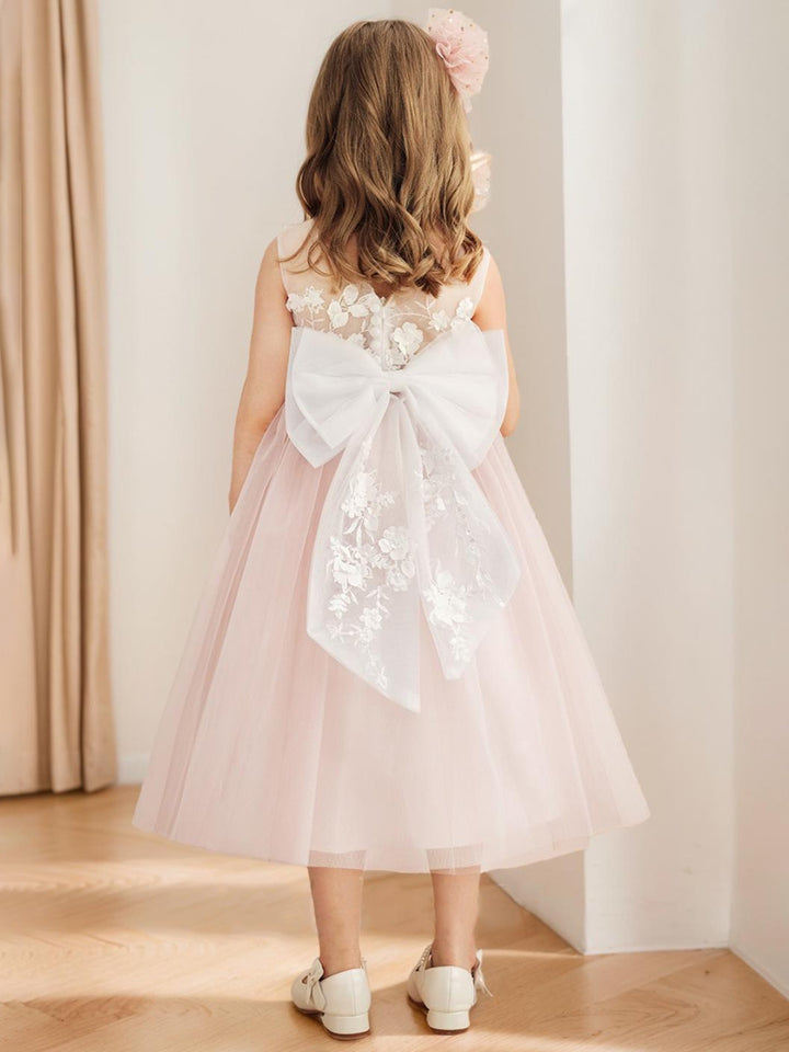 A-Line/Princess Scoop Tea-Length Tulle Sleeveless Flower Girl Dresses with Bow &amp; Sash