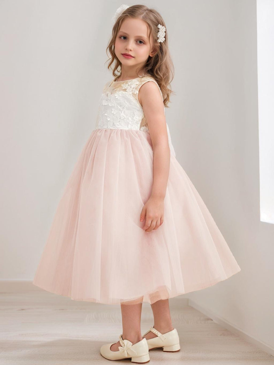 A-Line/Princess Scoop Tea-Length Tulle Sleeveless Flower Girl Dresses with Bow &amp; Sash