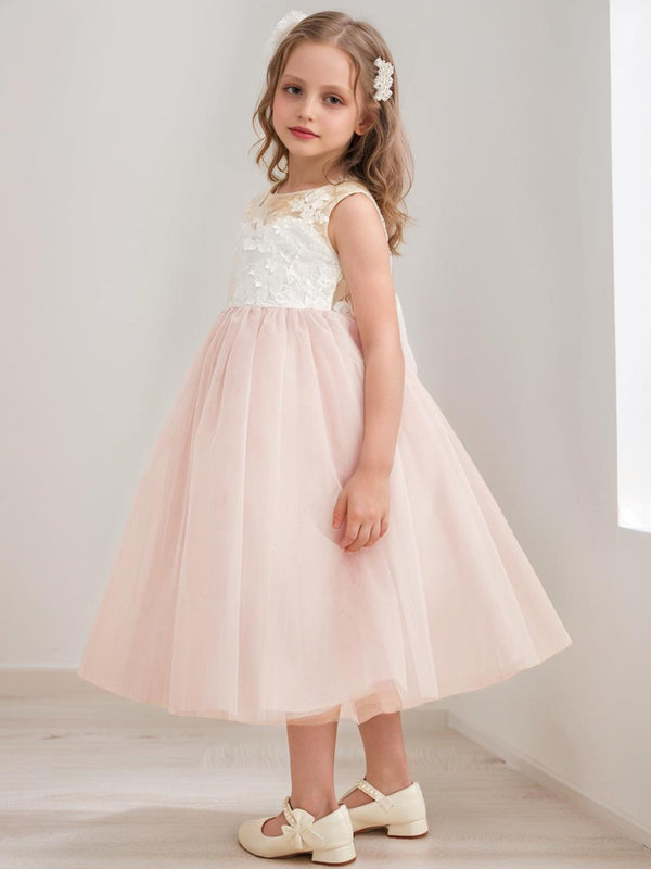 A-Line/Princess Scoop Tea-Length Tulle Sleeveless Flower Girl Dresses with Bow & Sash
