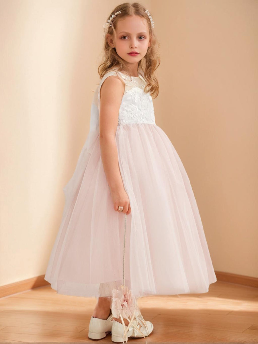 A-Line/Princess Scoop Tea-Length Tulle Sleeveless Flower Girl Dresses with Bow &amp; Sash