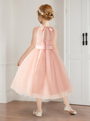 Tulle A-Line Halter Knee-Length Sleeveless Flower Girl Dresses with Beading Bow