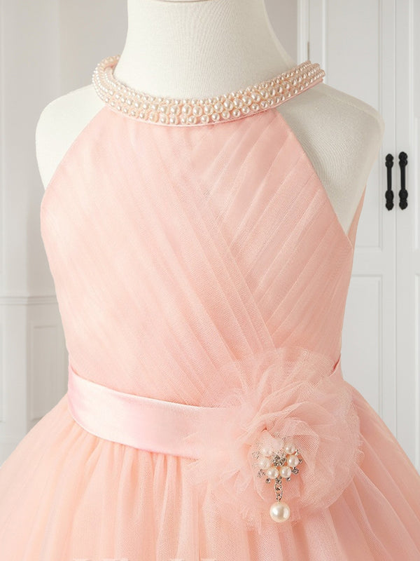 Tulle A-Line Halter Knee-Length Sleeveless Flower Girl Dresses with Beading Bow