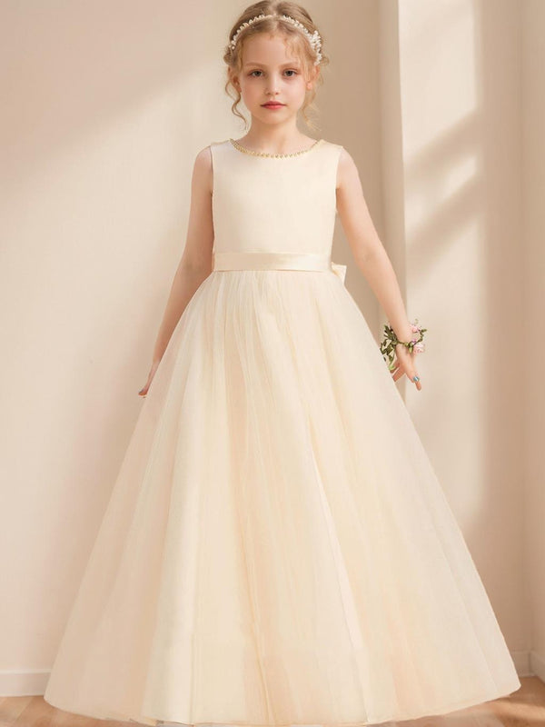 Ball-Gown Scoop Floor-Length Sleeveless Flower Girl Dresses With Beading & Bow