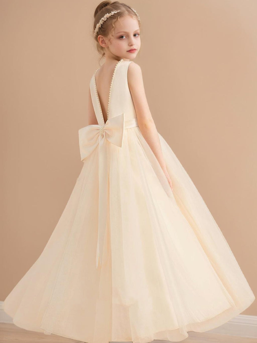 Ball-Gown Scoop Floor-Length Sleeveless Flower Girl Dresses With Beading &amp; Bow
