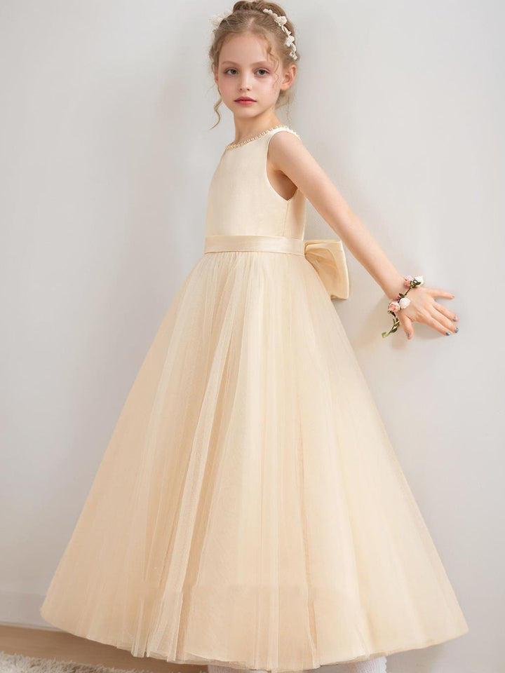 Ball-Gown Scoop Floor-Length Sleeveless Flower Girl Dresses With Beading &amp; Bow
