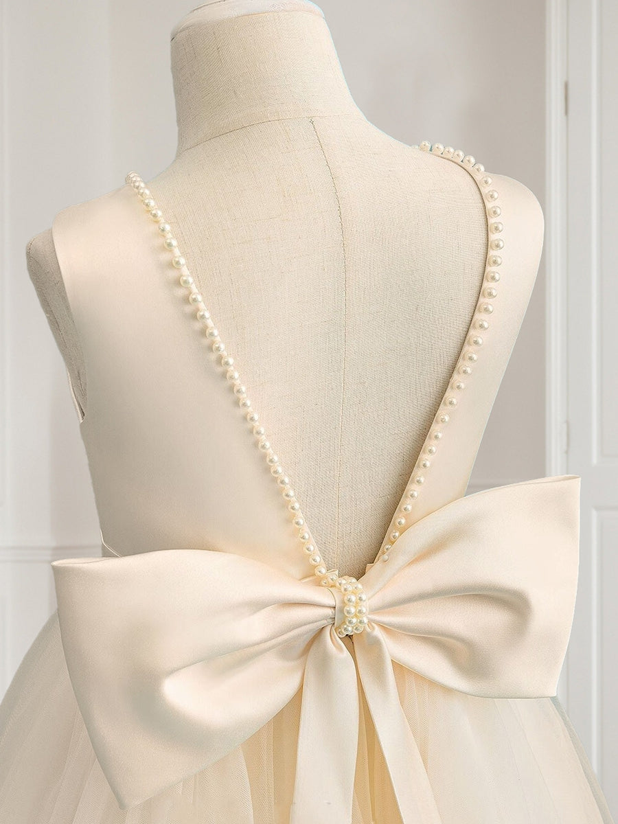 Ball-Gown Scoop Floor-Length Sleeveless Flower Girl Dresses With Beading &amp; Bow