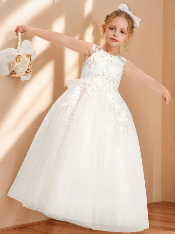 A-Line/Princess Scoop Floor-Length Sleeveless Flower Girl Dresses With Beading Sequins