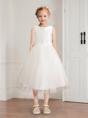 Tulle A-Line/Princess Scoop Tea-Length Sleeveless Flower Girl Dresses With Sash