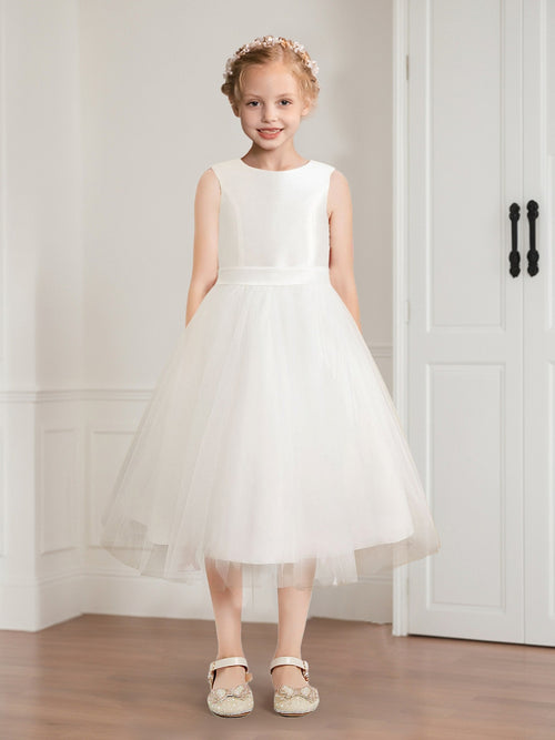 Tulle A-Line/Princess Scoop Tea-Length Sleeveless Flower Girl Dresses With Sash