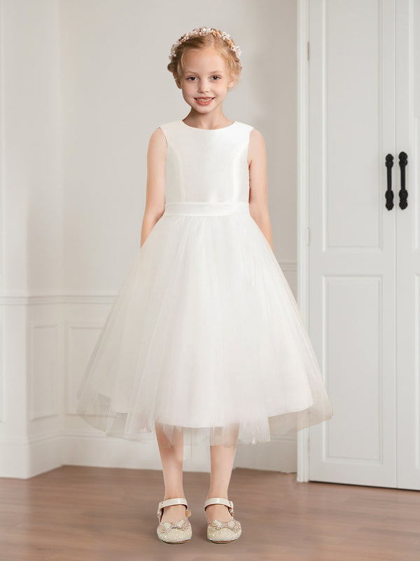 Tulle A-Line/Princess Scoop Tea-Length Sleeveless Flower Girl Dresses With Sash
