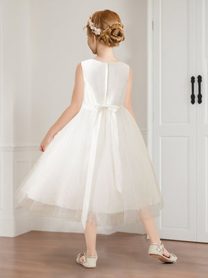 Tulle A-Line/Princess Scoop Tea-Length Sleeveless Flower Girl Dresses With Sash