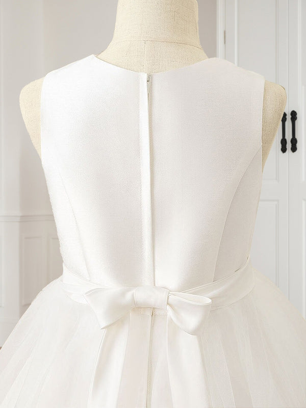 Tulle A-Line/Princess Scoop Tea-Length Sleeveless Flower Girl Dresses With Sash