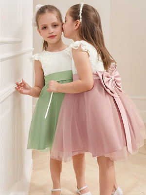 A-Line/Princess Scoop Knee-Length Short Sleeves Flower Girl Dresses With Bowknot