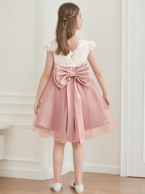 A-Line/Princess Scoop Knee-Length Short Sleeves Flower Girl Dresses With Bowknot