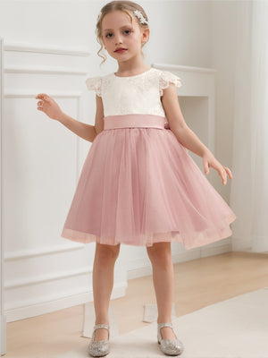A-Line/Princess Scoop Knee-Length Short Sleeves Flower Girl Dresses With Bowknot