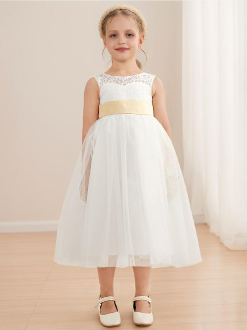 A-Line/Princess Scoop Tea-Length Sleeveless Tulle  Flower Girl Dresses With Sash