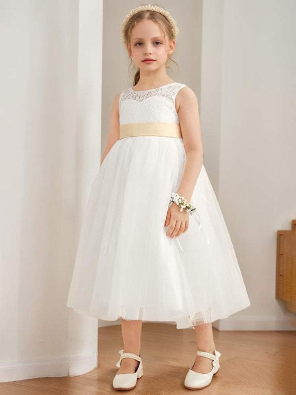 A-Line/Princess Scoop Tea-Length Sleeveless Tulle  Flower Girl Dresses With Sash