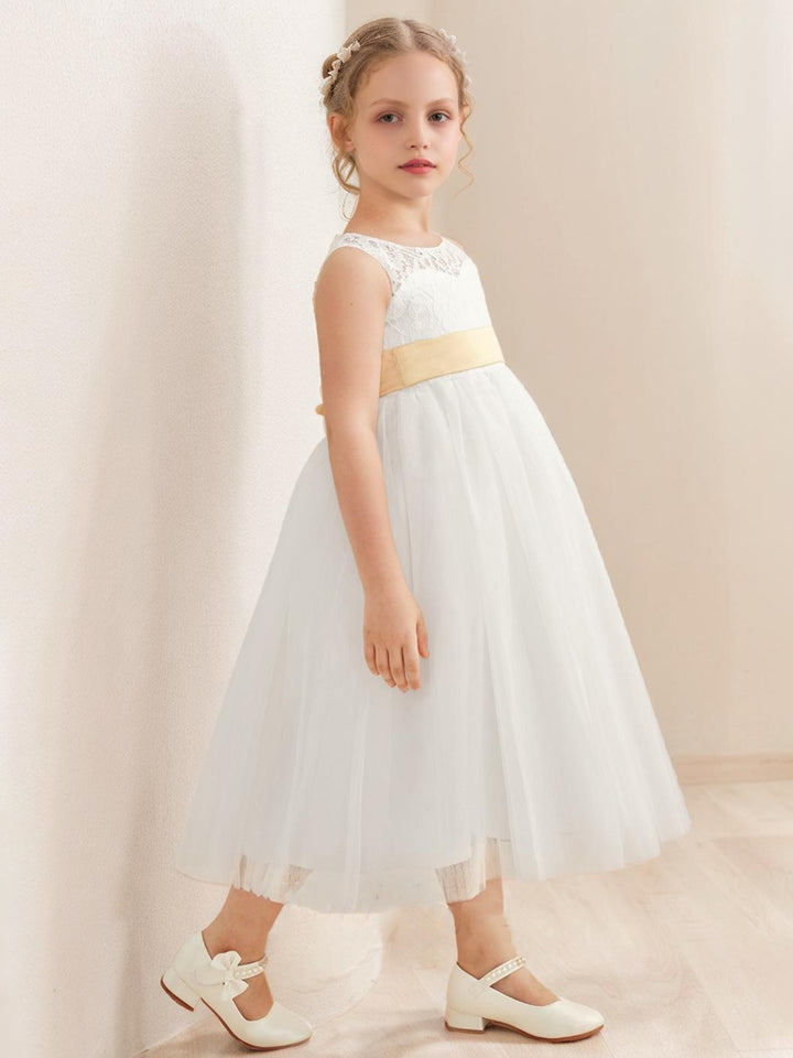 A-Line/Princess Scoop Tea-Length Sleeveless Tulle  Flower Girl Dresses With Sash