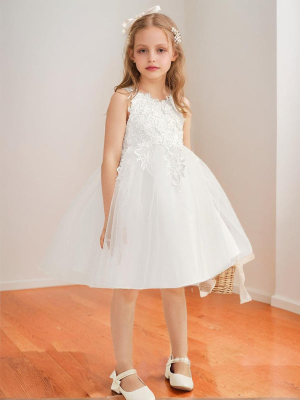 Tulle A-Line/Princess Scoop Knee-Length Sleeveless Flower Girl Dresses With Bowknot