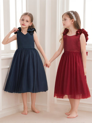 A-Line/Princess V-Neck Tea-Length Sleeveless 3D Floral Flower Girl Dresses With Bow