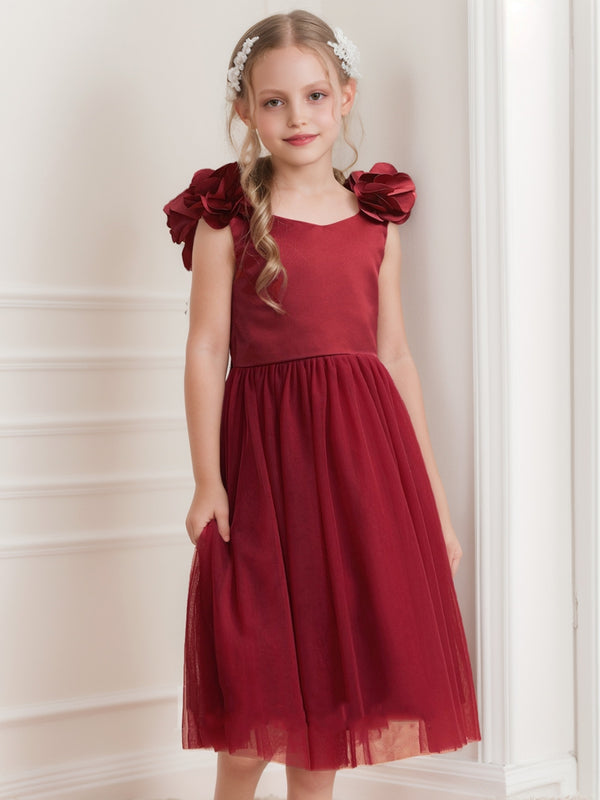 A-Line/Princess V-Neck Tea-Length Sleeveless 3D Floral Flower Girl Dresses With Bow