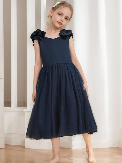 A-Line/Princess V-Neck Tea-Length Sleeveless 3D Floral Flower Girl Dresses With Bow