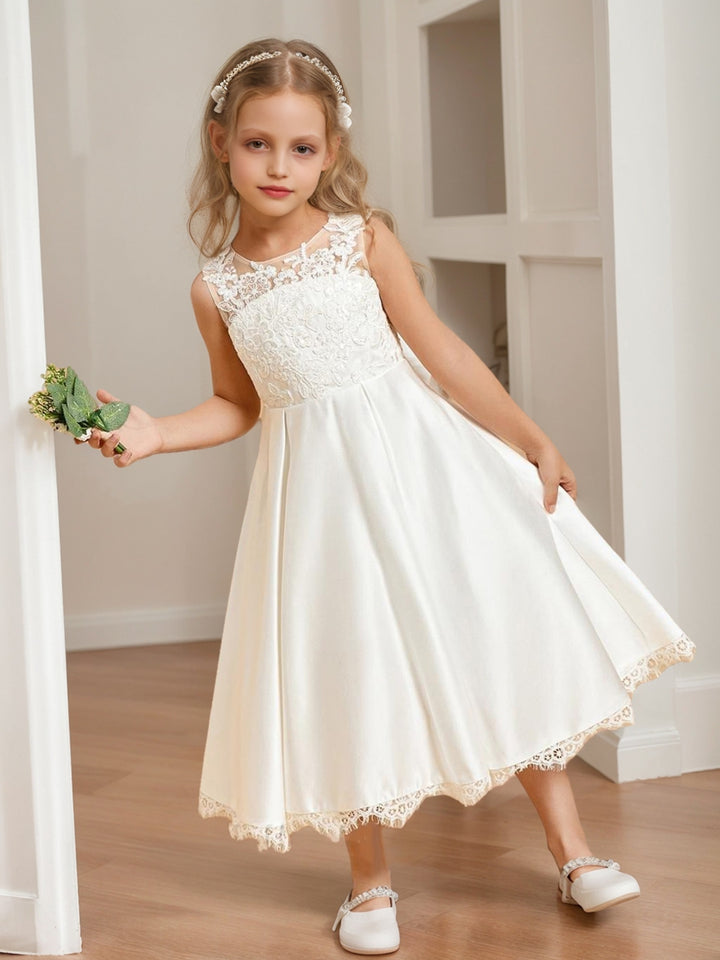 Satin A-Line/Princess Scoop Tea-Length Flower Girl Dresses With Bow &amp; Lace