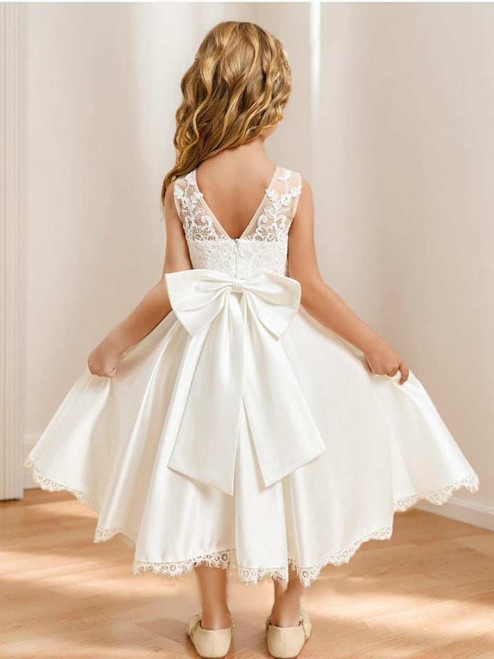 Satin A-Line/Princess Scoop Tea-Length Flower Girl Dresses With Bow &amp; Lace