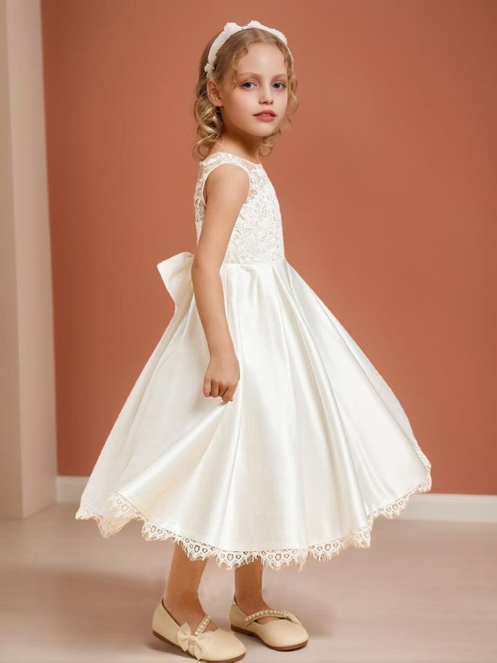 Satin A-Line/Princess Scoop Tea-Length Flower Girl Dresses With Bow &amp; Lace