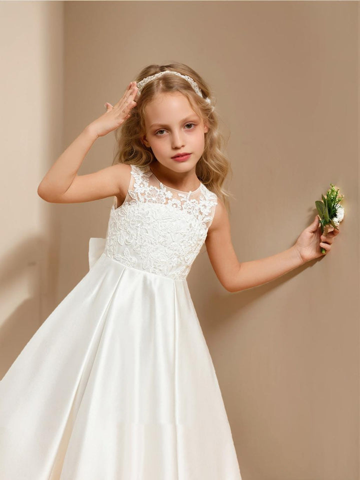 Satin A-Line/Princess Scoop Tea-Length Flower Girl Dresses With Bow &amp; Lace
