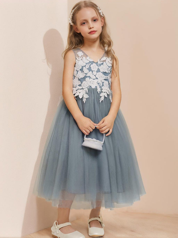 A-Line/Princess V-Neck Sleeveless Tea-Length Flower Girl Dresses With Applique &amp; Bow