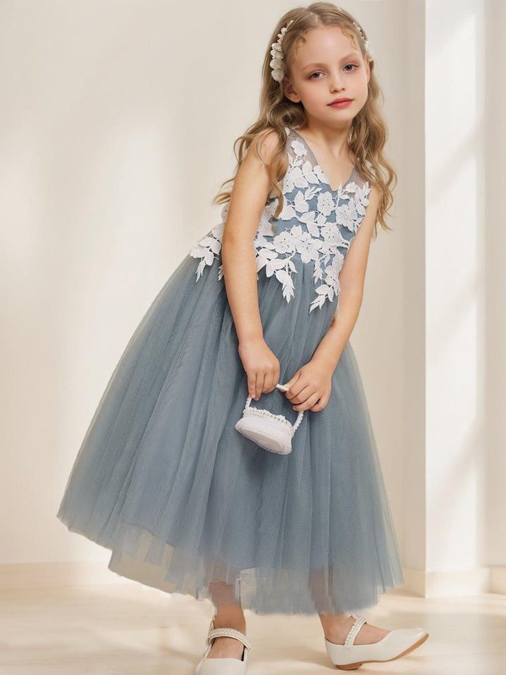 A-Line/Princess V-Neck Sleeveless Tea-Length Flower Girl Dresses With Applique &amp; Bow