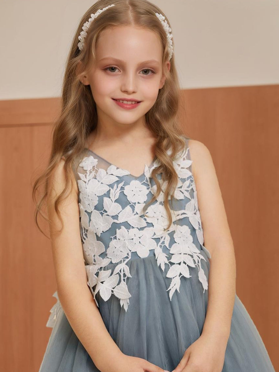 A-Line/Princess V-Neck Sleeveless Tea-Length Flower Girl Dresses With Applique &amp; Bow