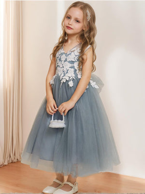A-Line/Princess V-Neck Sleeveless Tea-Length Flower Girl Dresses With Applique & Bow