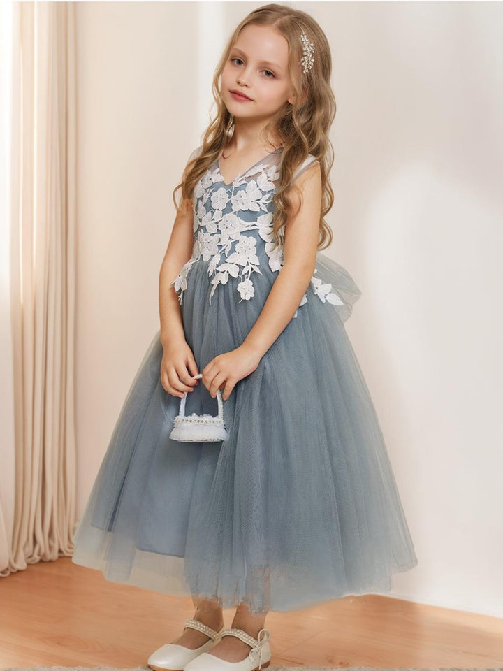 A-Line/Princess V-Neck Sleeveless Tea-Length Flower Girl Dresses With Applique &amp; Bow