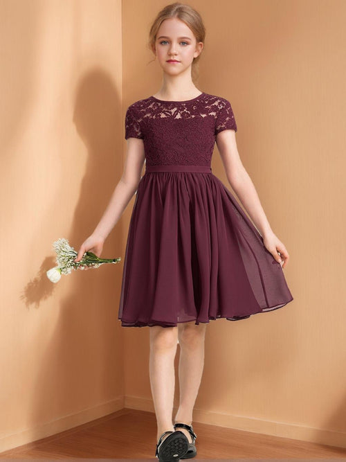 A-Line/Princess Scoop Short Sleeves Knee-Length Ruched Junior Bridesmaid Dresses