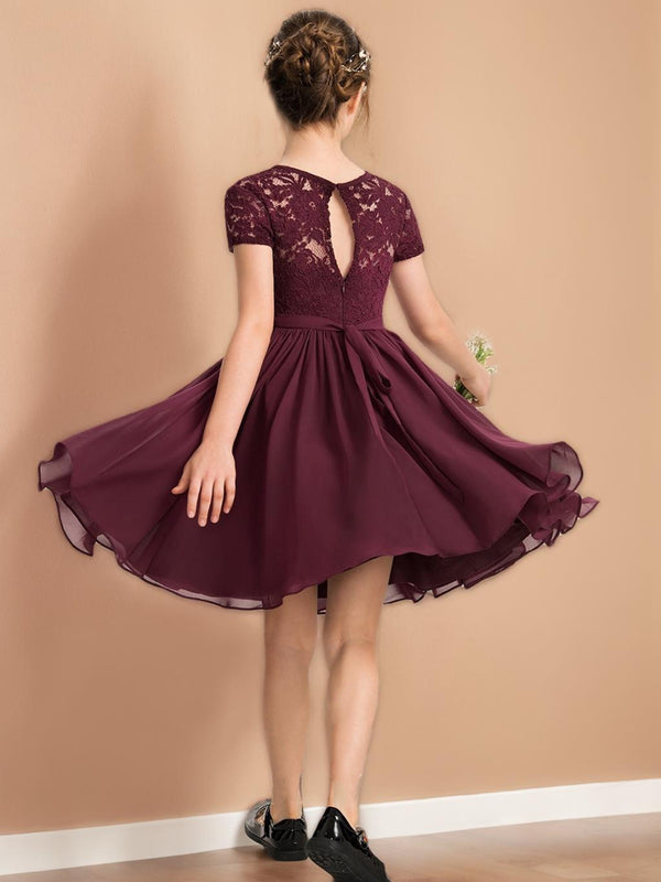 A-Line/Princess Scoop Short Sleeves Knee-Length Ruched Junior Bridesmaid Dresses