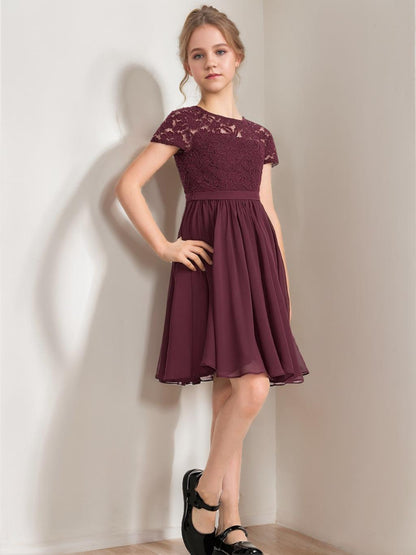 A-Line/Princess Scoop Short Sleeves Knee-Length Ruched Junior Bridesmaid Dresses